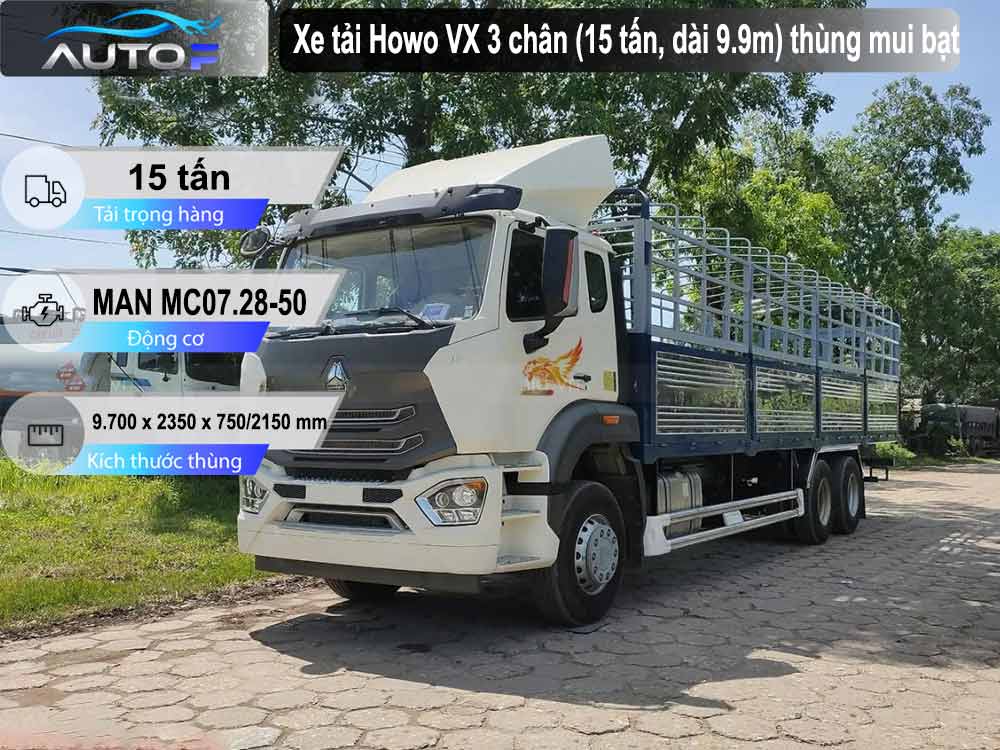 Xe tải Howo VX 3 chân (15 tấn, dài 9.9m) thùng mui bạt